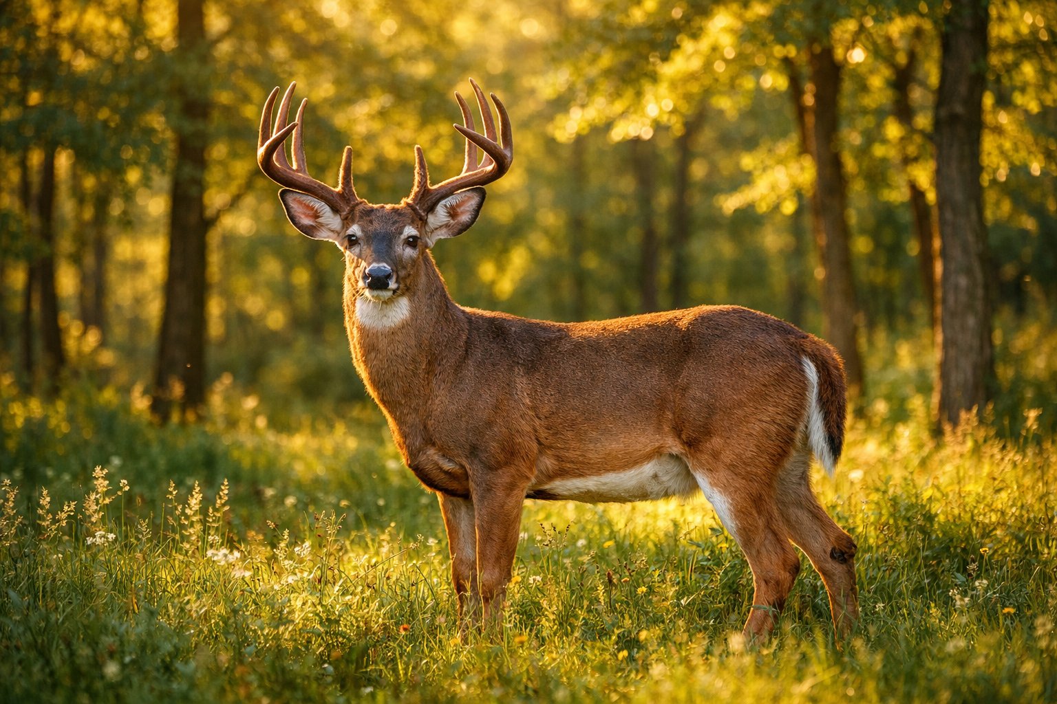 An adult deer standing in a sunlit forest clearing surrounded by green trees and grass.