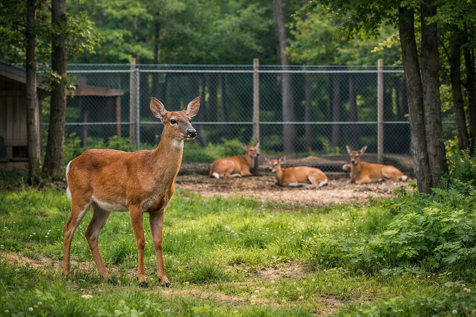 An adult deer standing in a forest clearing with a fenced area containing resting deer in the background.