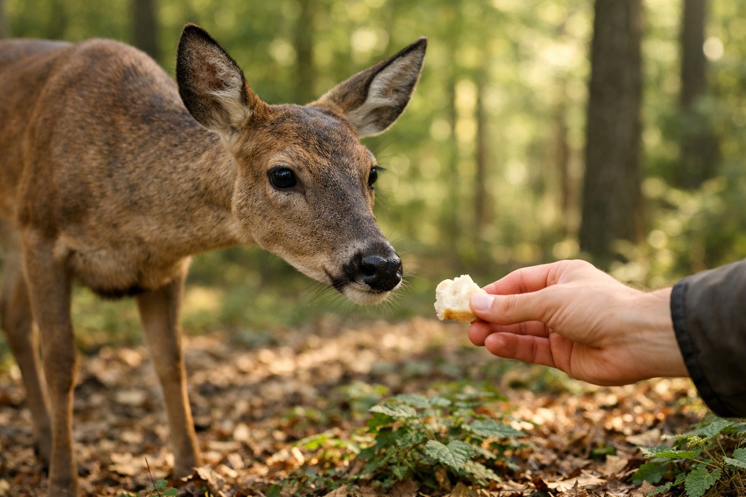 A deer cautiously approaches a human hand offering a piece of bread in a forest setting.