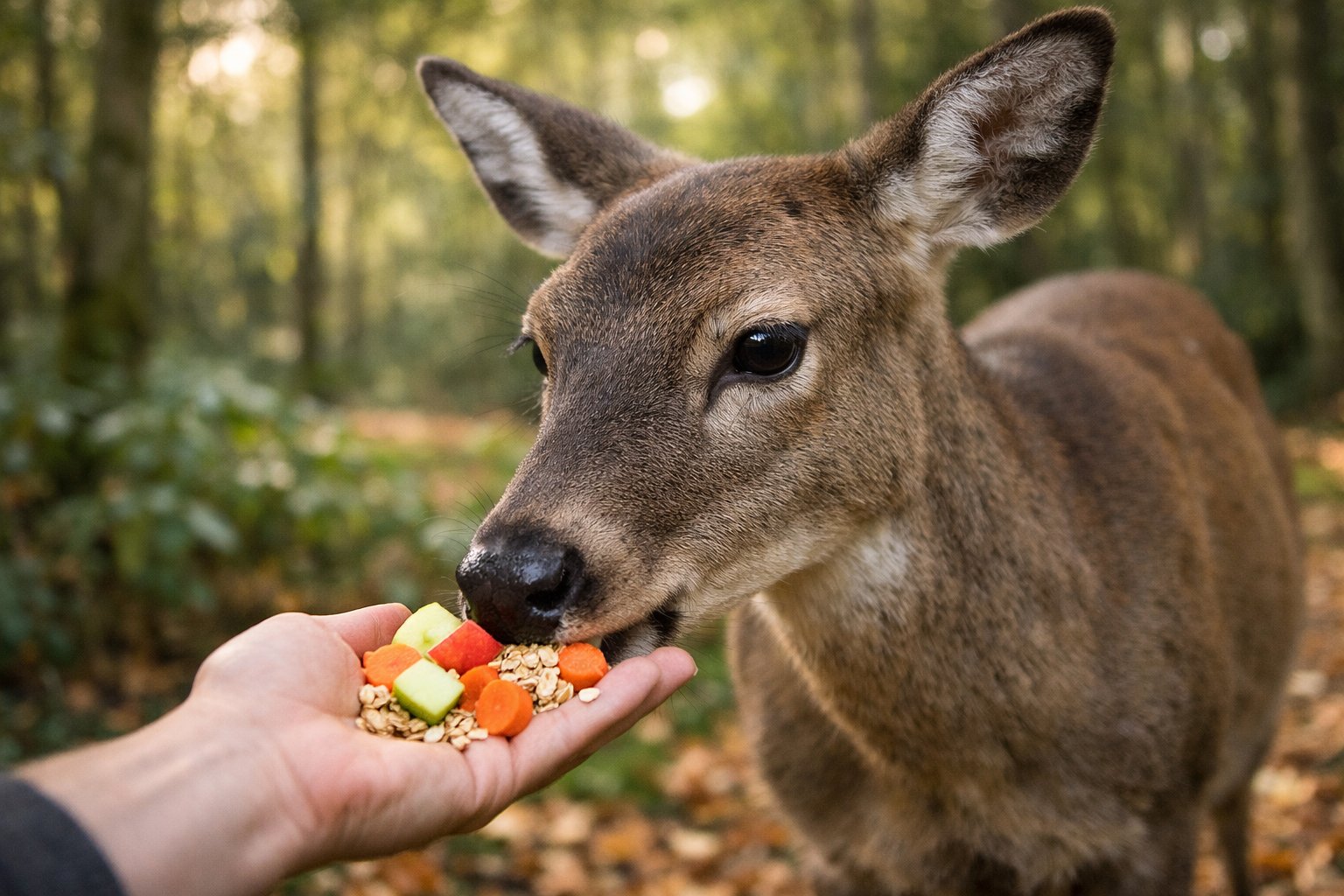 A wild deer in a UK forest eating apples and carrots from a person's hand surrounded by green foliage.