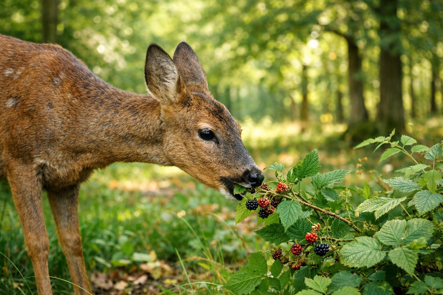 A wild deer feeding on green leaves and berries in a sunlit UK woodland.