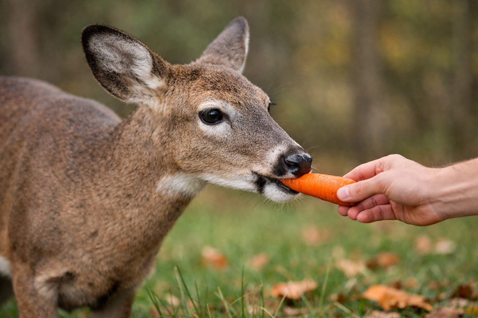 A deer eating a carrot held by a person in a forest.