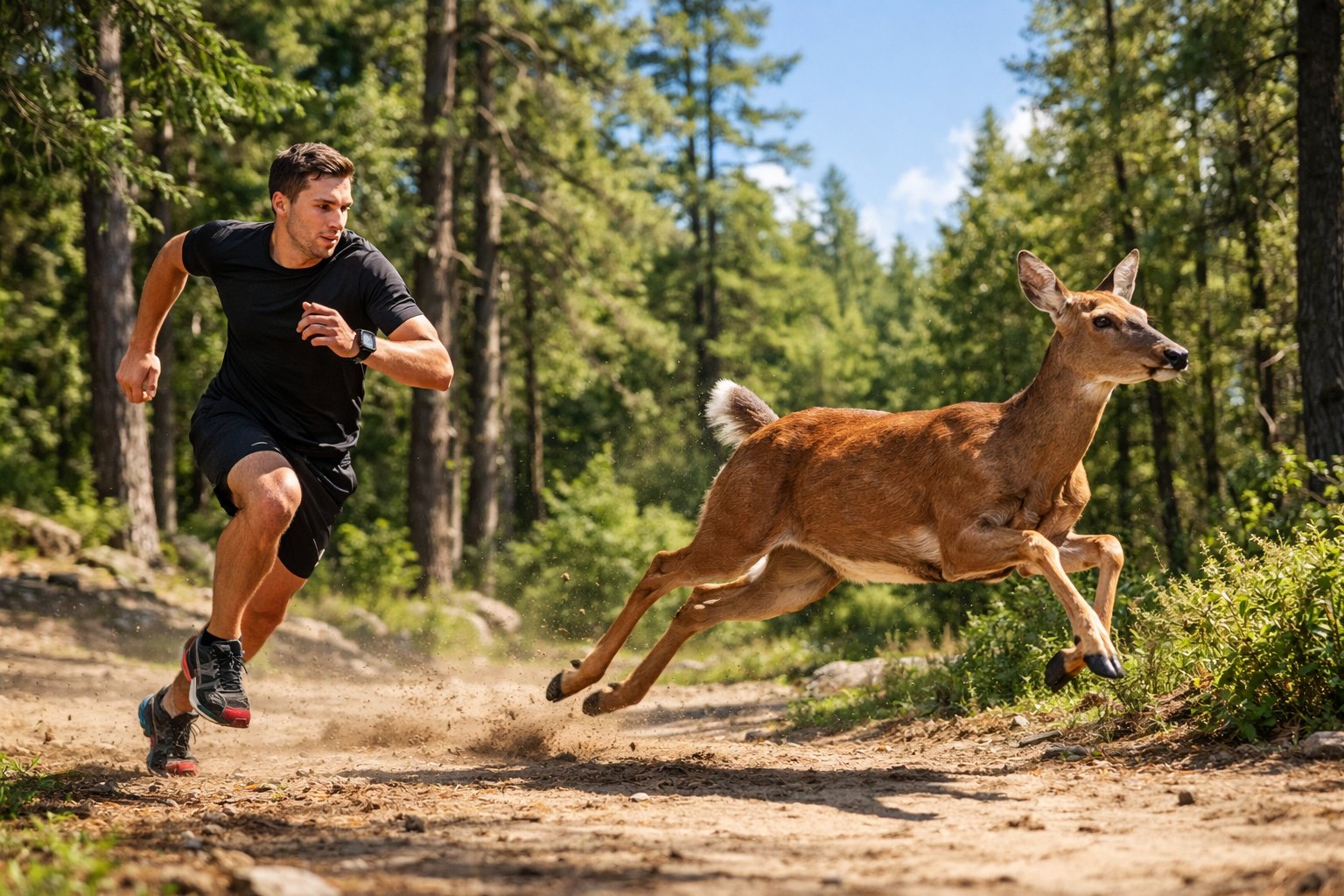A person running on a forest trail alongside a deer, both in mid-stride during a sprint.