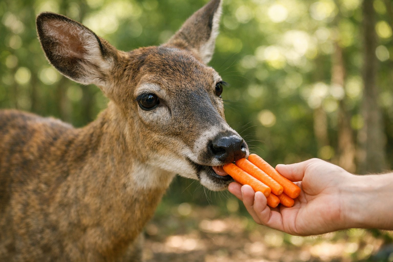 A wild deer eating carrots from a person's hand in a forest setting.