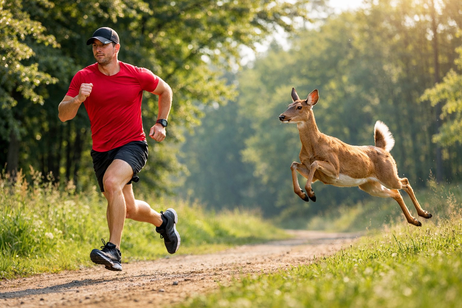 A person running on a forest trail with a deer running nearby in a natural outdoor setting.