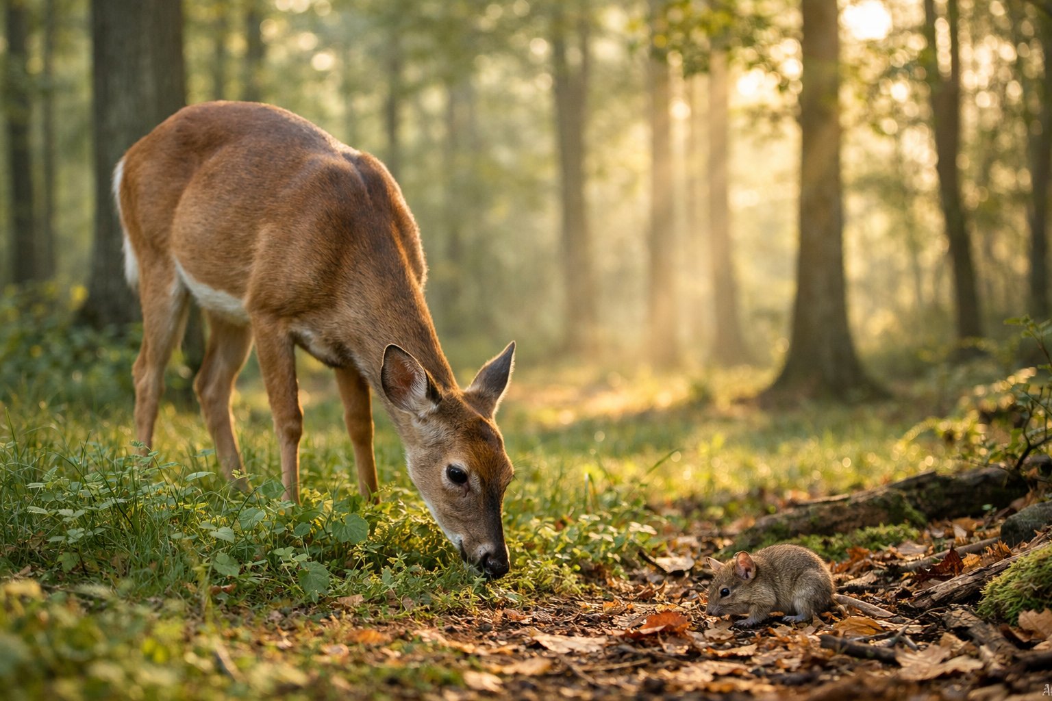 A deer grazing on grass in a forest with a small rodent nearby on the ground.