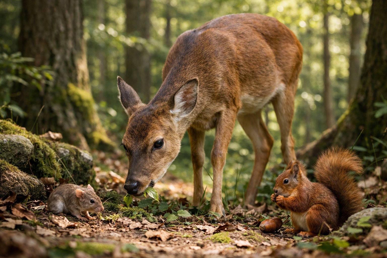 A deer standing in a forest clearing with small woodland animals nearby among trees and fallen leaves.