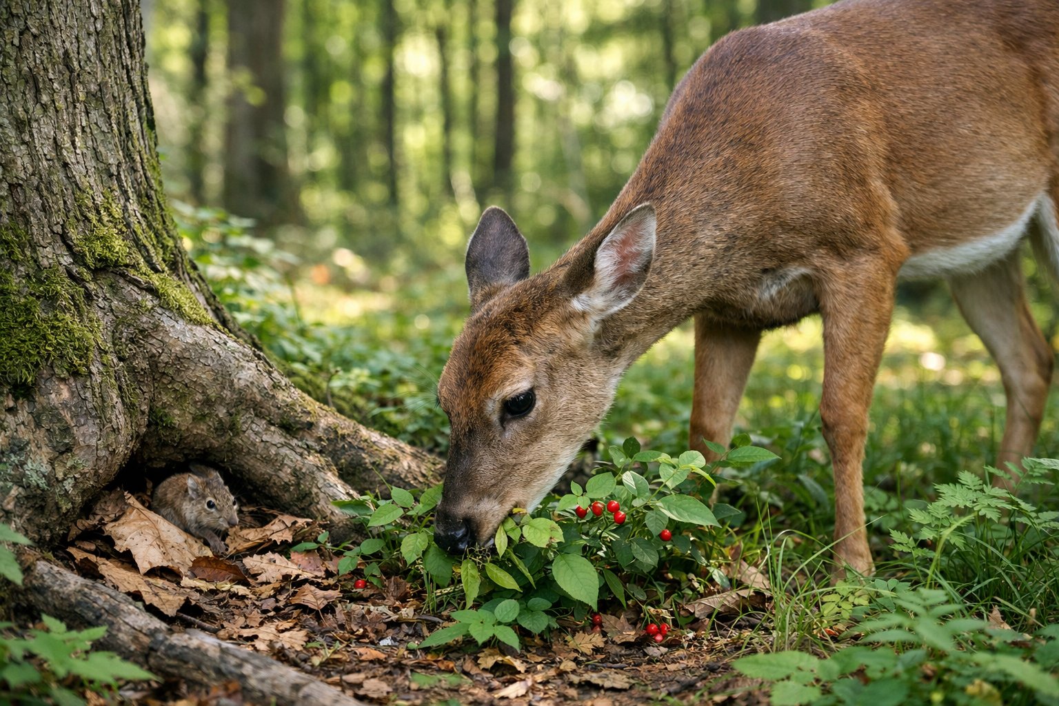 A deer grazing in a green forest with a small rodent visible nearby among leaves.