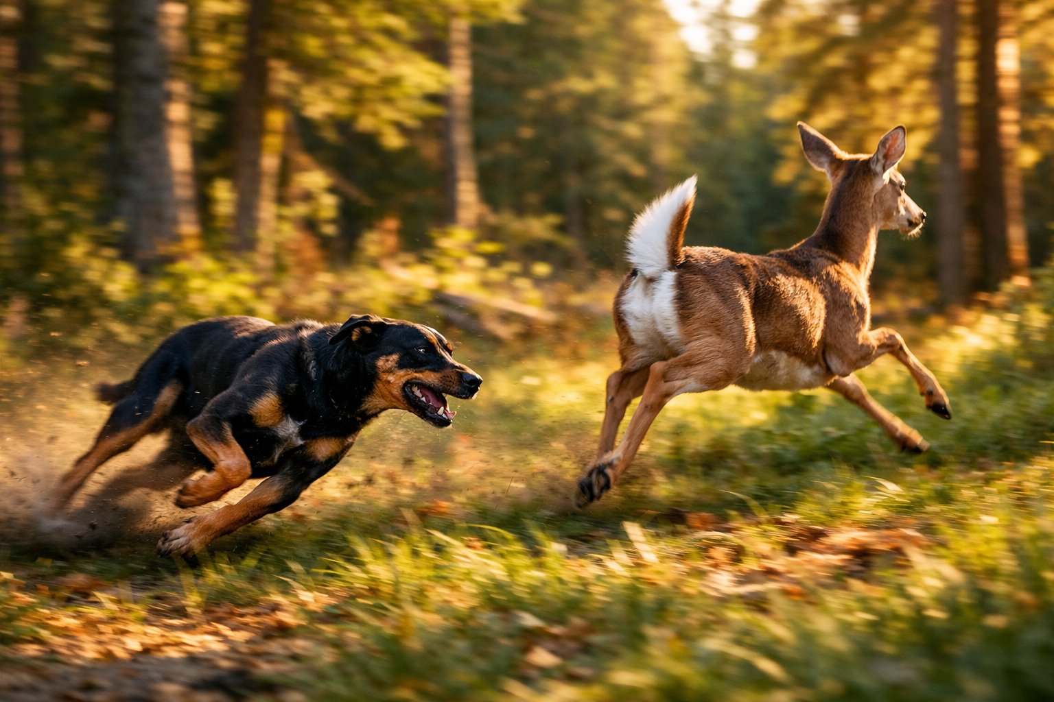 A dog and a deer running fast through a forest clearing with sunlight filtering through the trees.