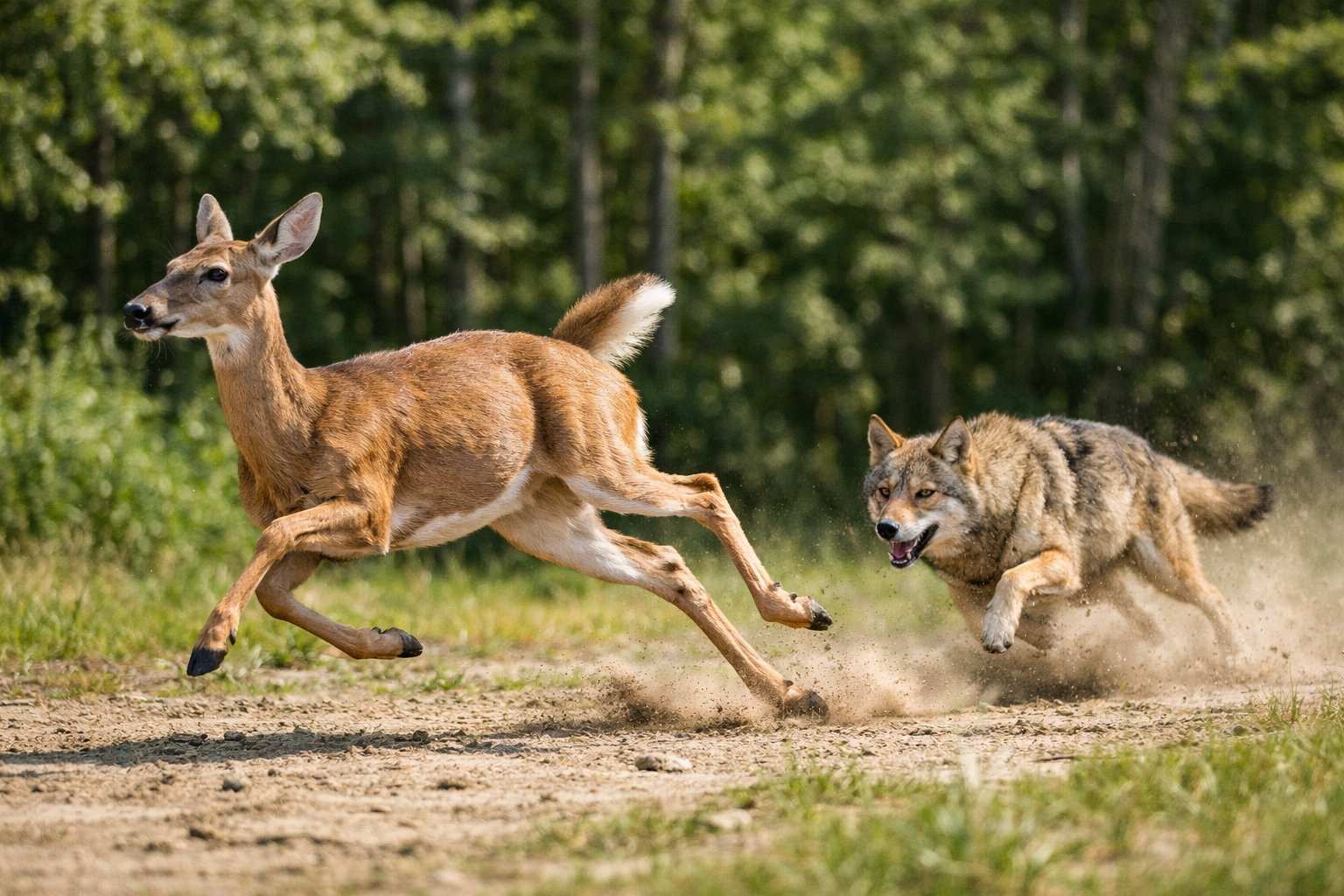 A deer running quickly through a forest clearing with a coyote chasing closely behind.