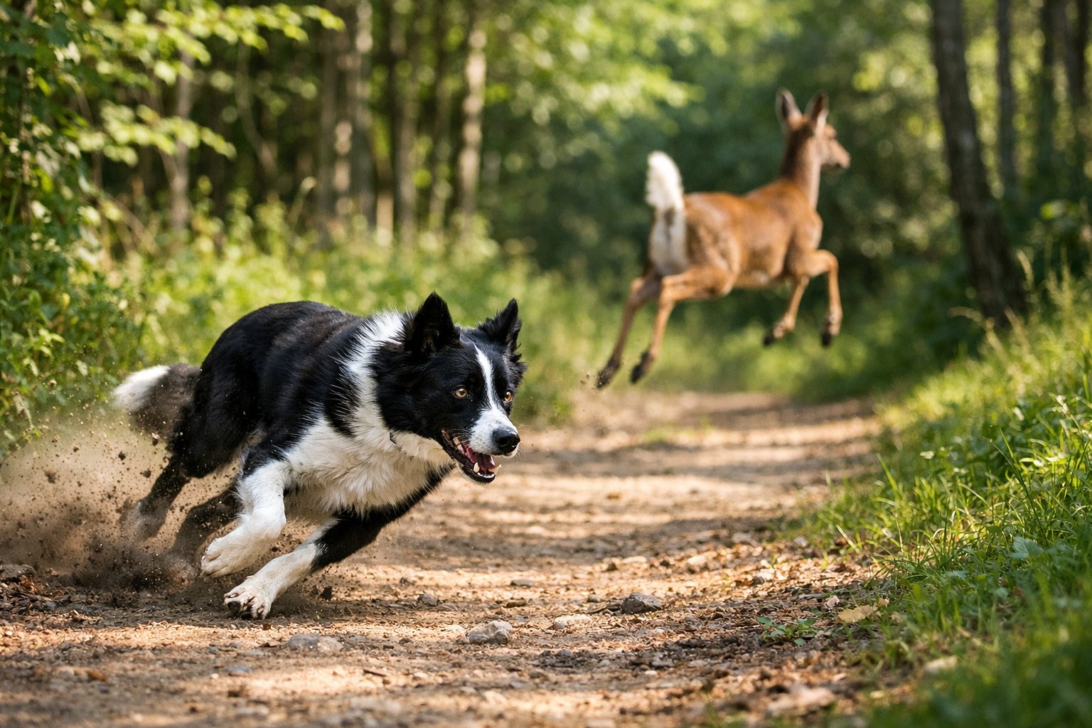 A dog running through a forest clearing with a deer bounding away in the background.