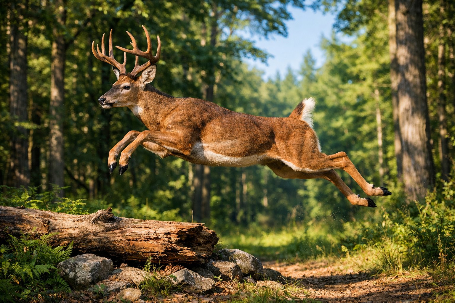 A deer jumping over an obstacle in a forest with sunlight filtering through the trees.