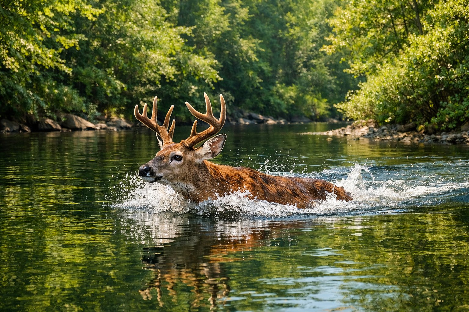A deer swimming across a clear river surrounded by green trees in a forest.