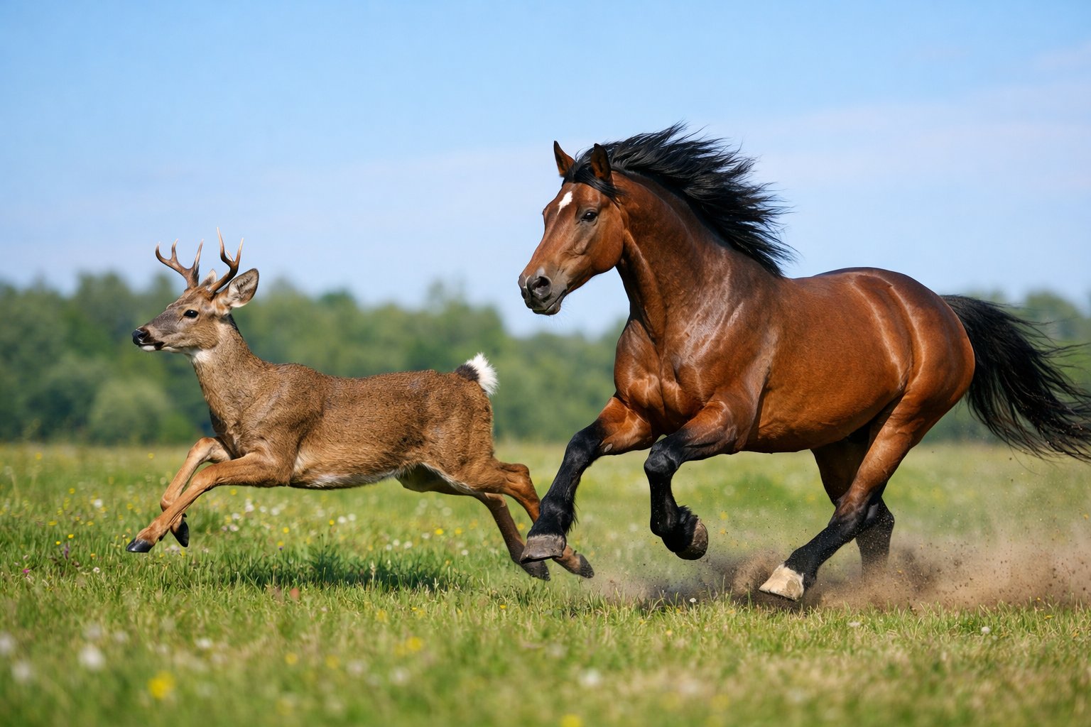 A deer and a horse running side by side across a green meadow under a clear blue sky.