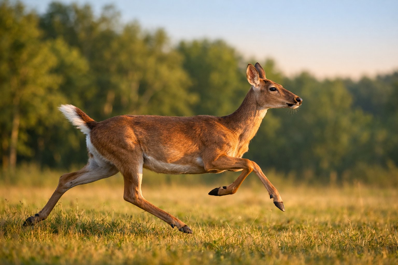 A deer running swiftly across a sunlit meadow with a forest in the background.