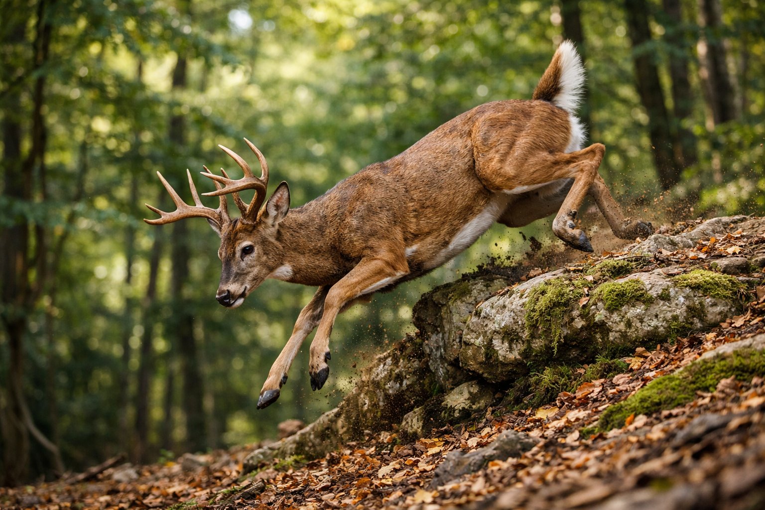 A deer swiftly dropping down from a small rock in a forest with green trees and leaves around.