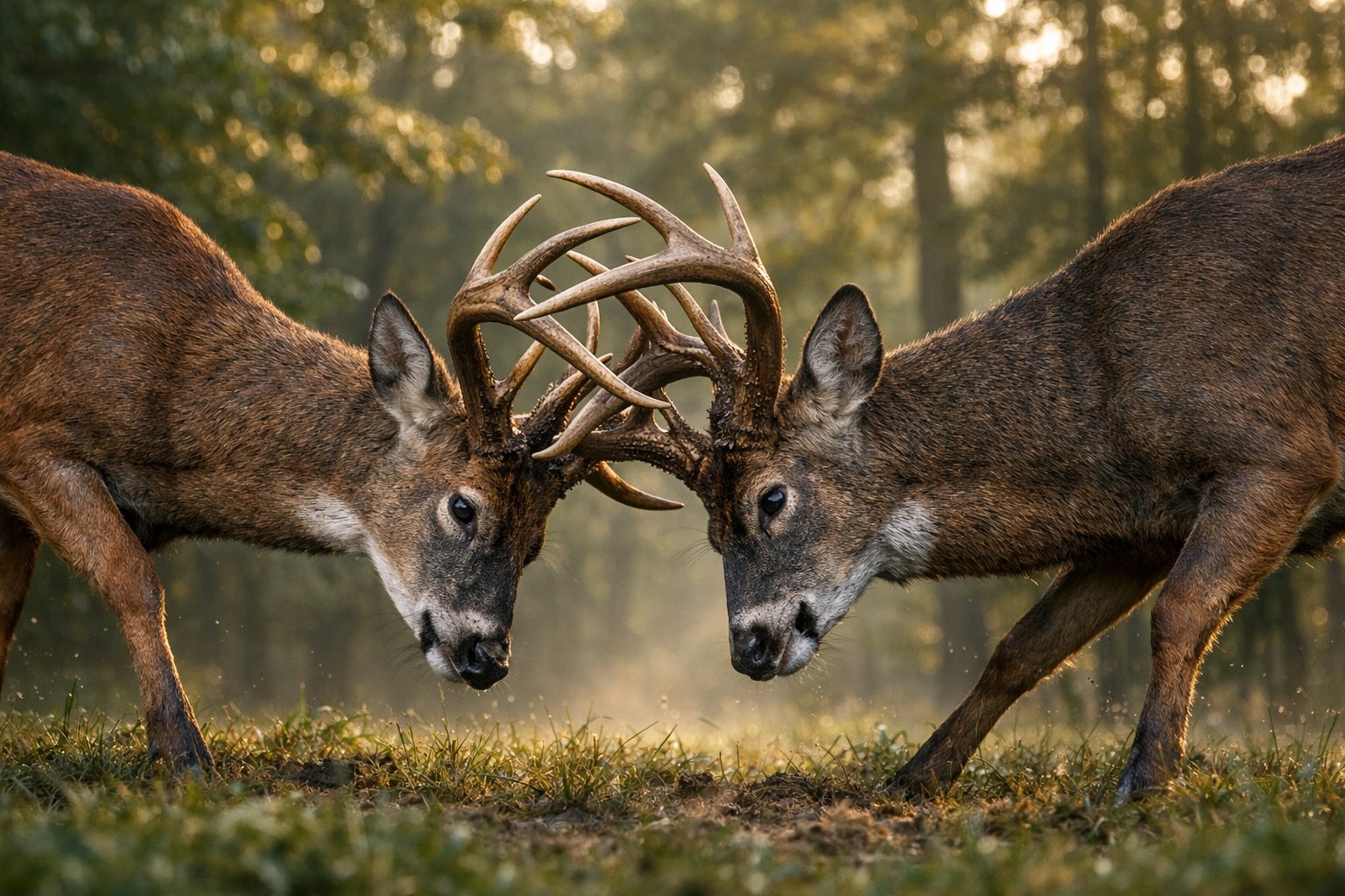 Two male deer locking antlers in a forest during a confrontation.