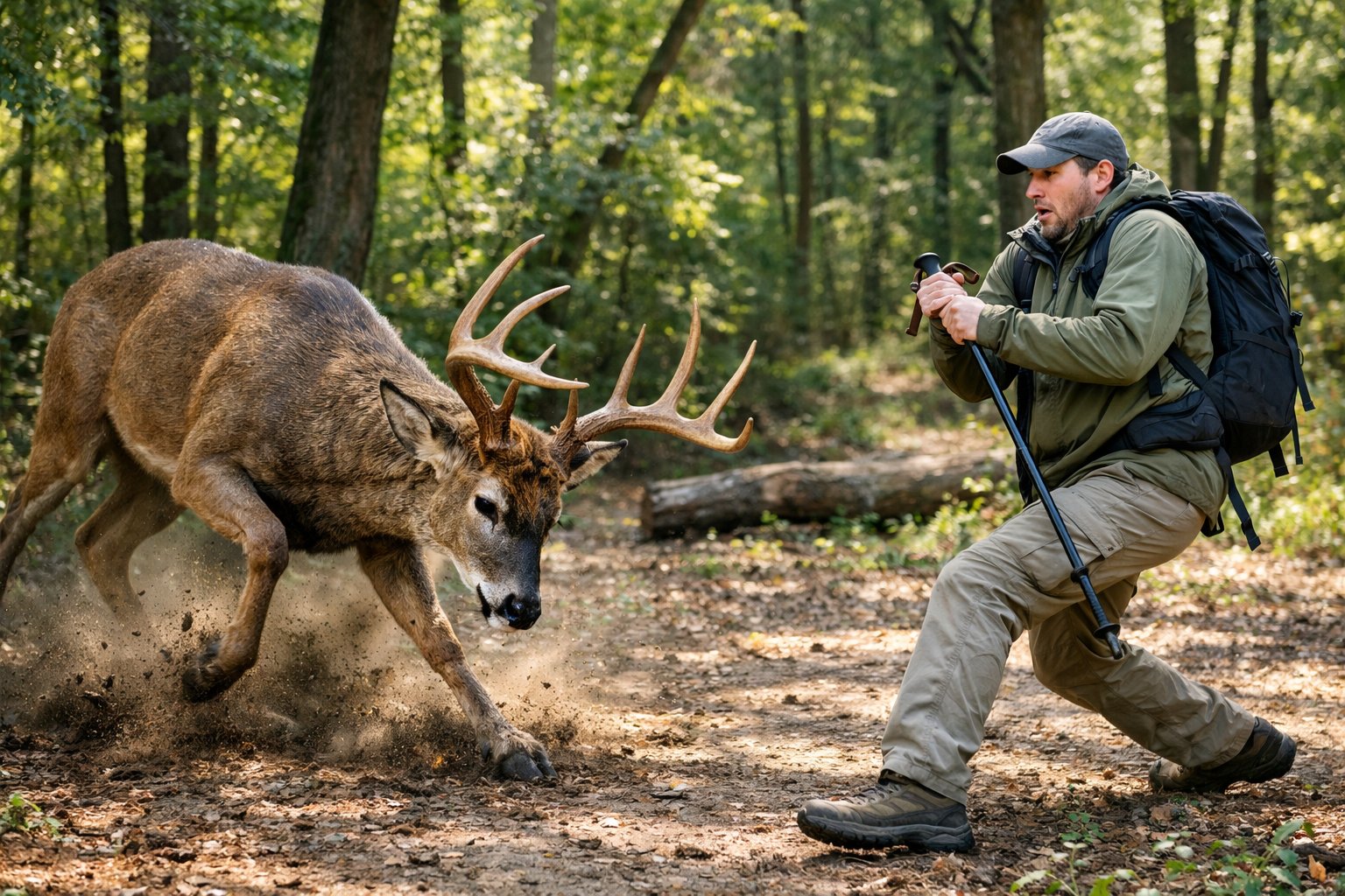 A large deer with antlers appears aggressive toward a startled hiker in a forest clearing.