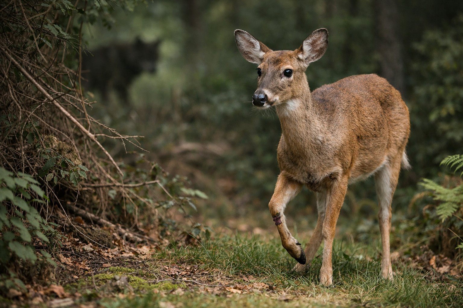 A deer standing cautiously in a forest with a slightly injured leg, surrounded by dense vegetation.