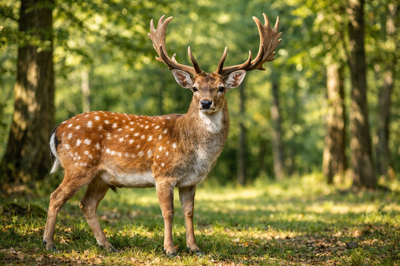 A deer standing in a green forest clearing with trees and sunlight around it.