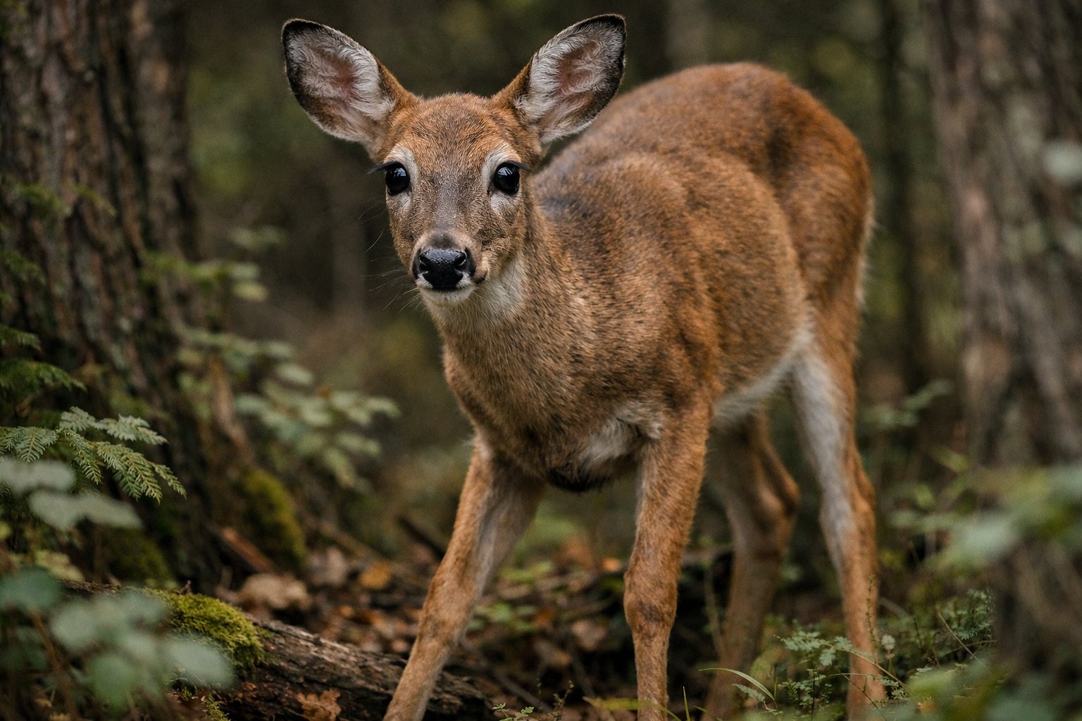 A close-up of a deer standing in a forest, showing its eyes, ears, and legs surrounded by trees and foliage.