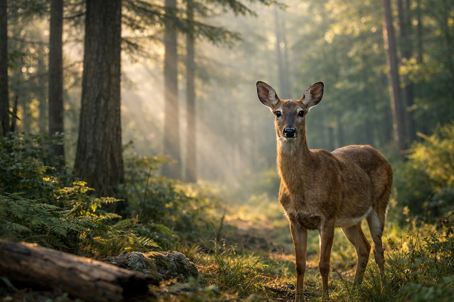 A deer standing alert in a misty forest, looking cautiously toward the camera.