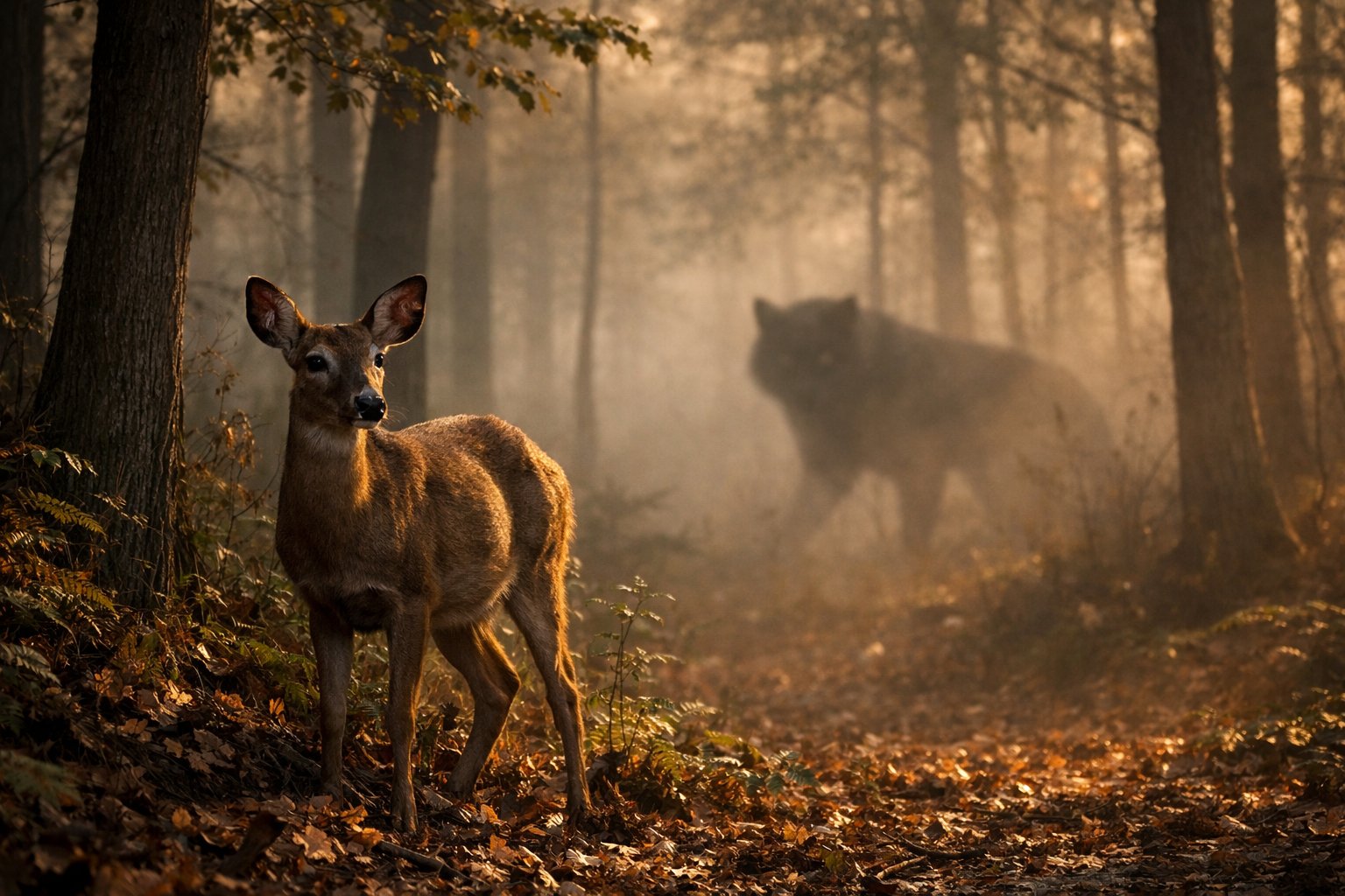 A deer standing alert near the edge of a forest with a shadowy predator lurking in the background.