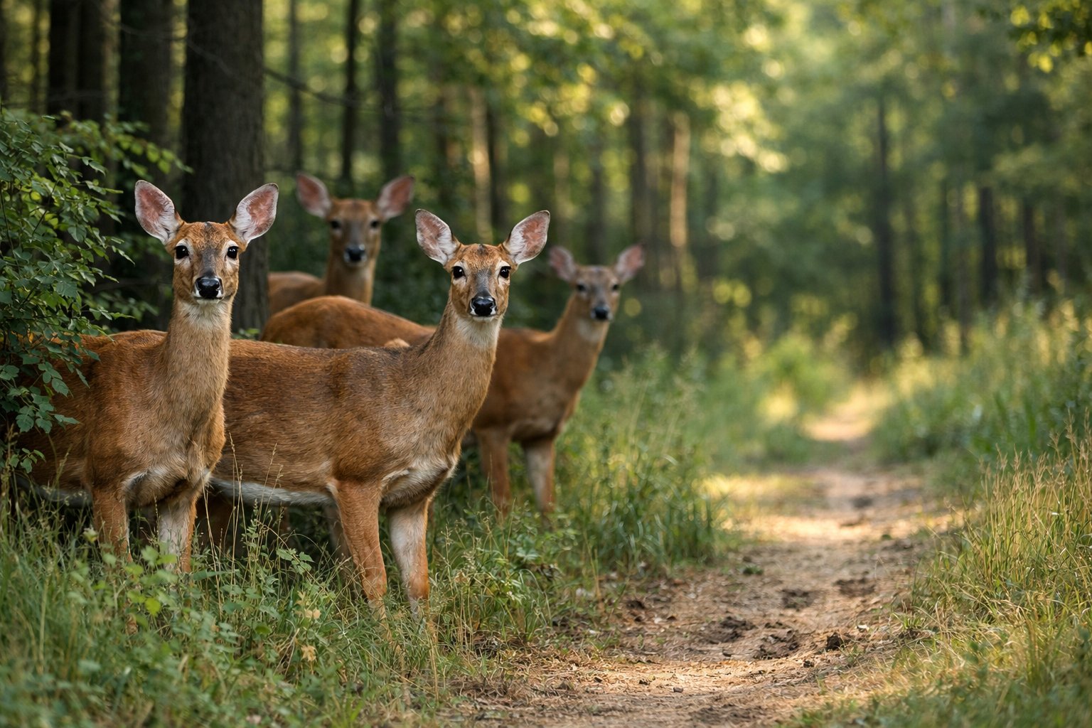 A group of deer in a forest looking alert and cautious near the edge of the trees.