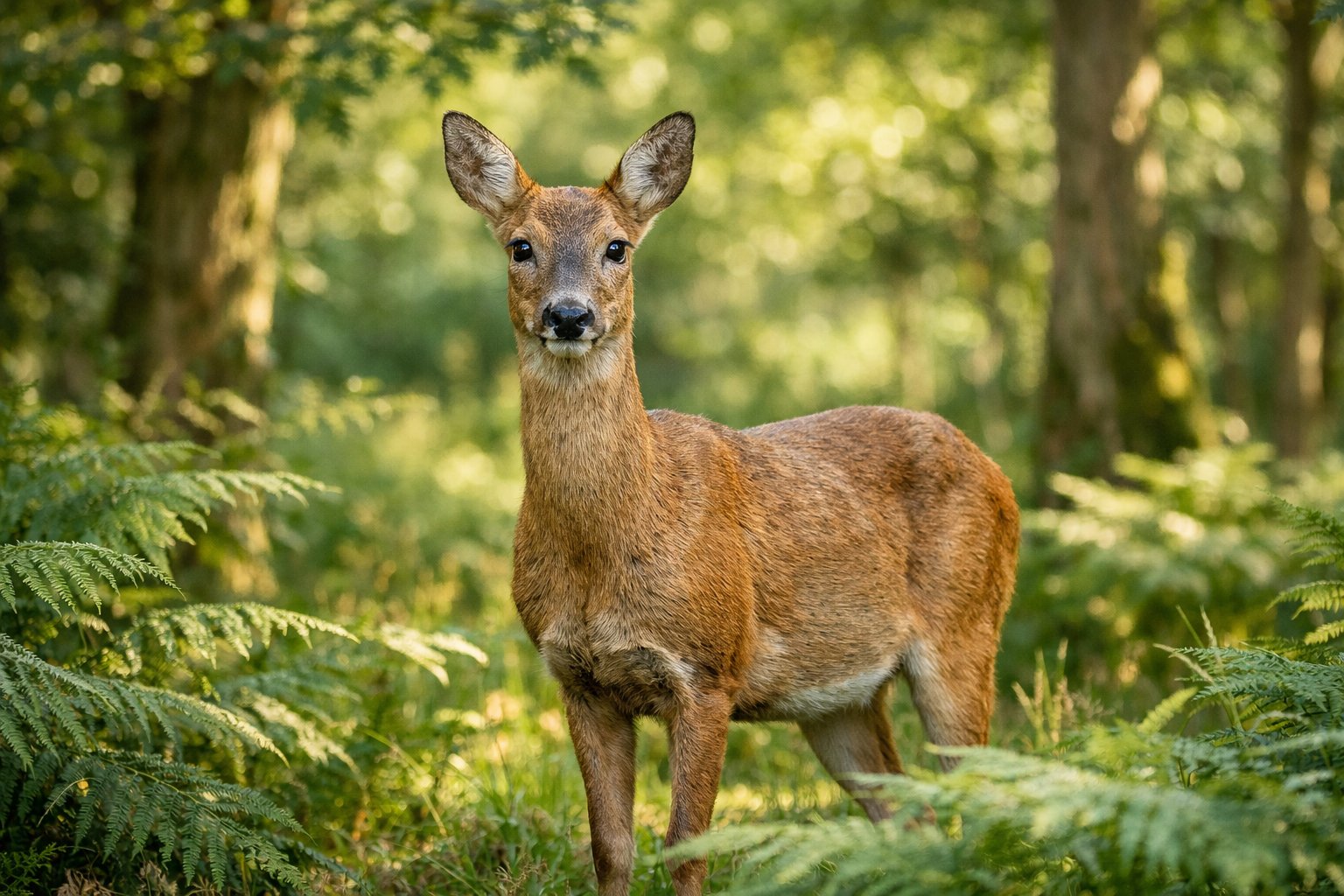 A deer standing calmly in a green forest with sunlight filtering through the trees.