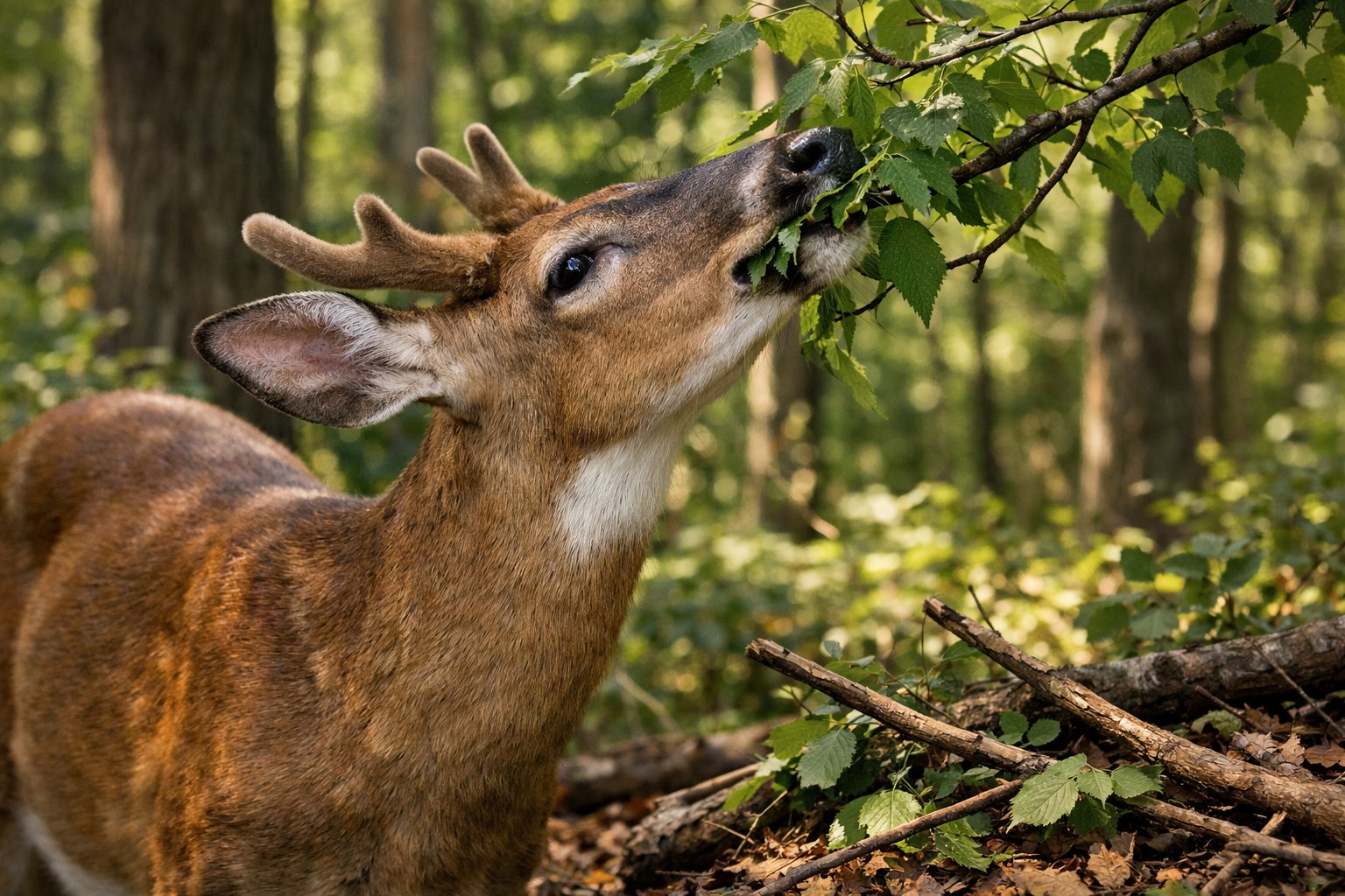 A deer in a forest nibbling on tree branches with broken branches on the ground nearby.