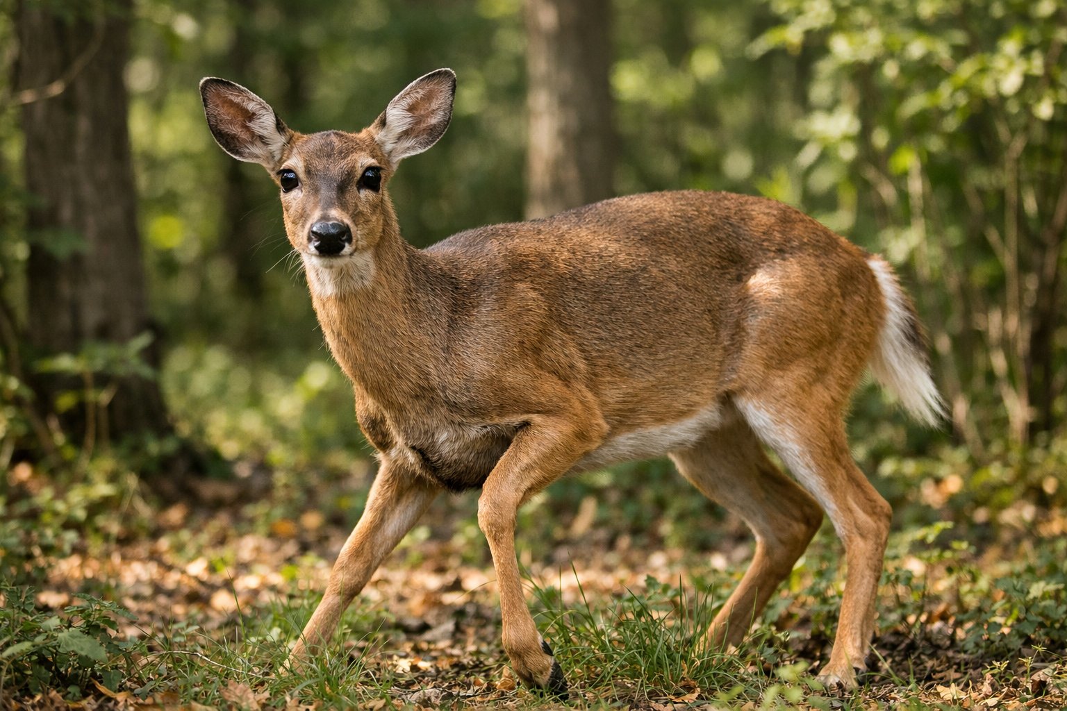A deer in a forest looks alert and ready to run, standing among green trees and grass.