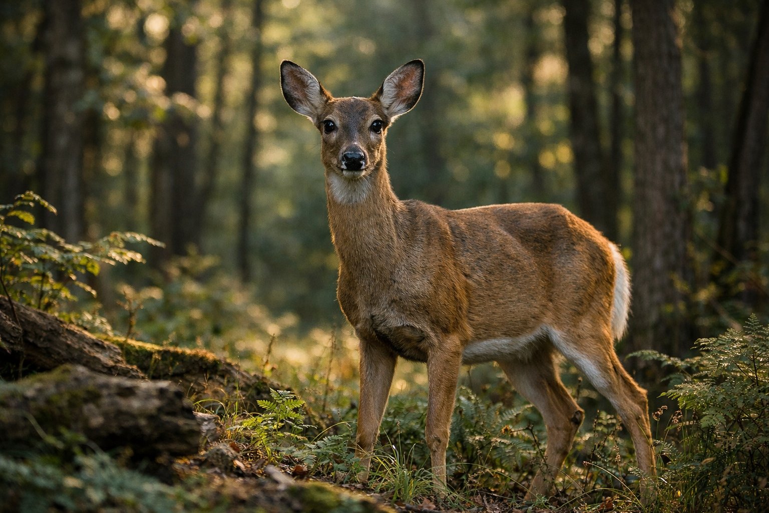 A deer standing alert in a forest, looking tense and ready to flee.