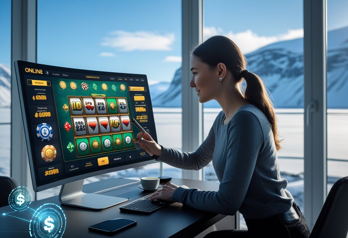 A person using a touchscreen computer in a home office with a snowy Greenland landscape visible outside the window.