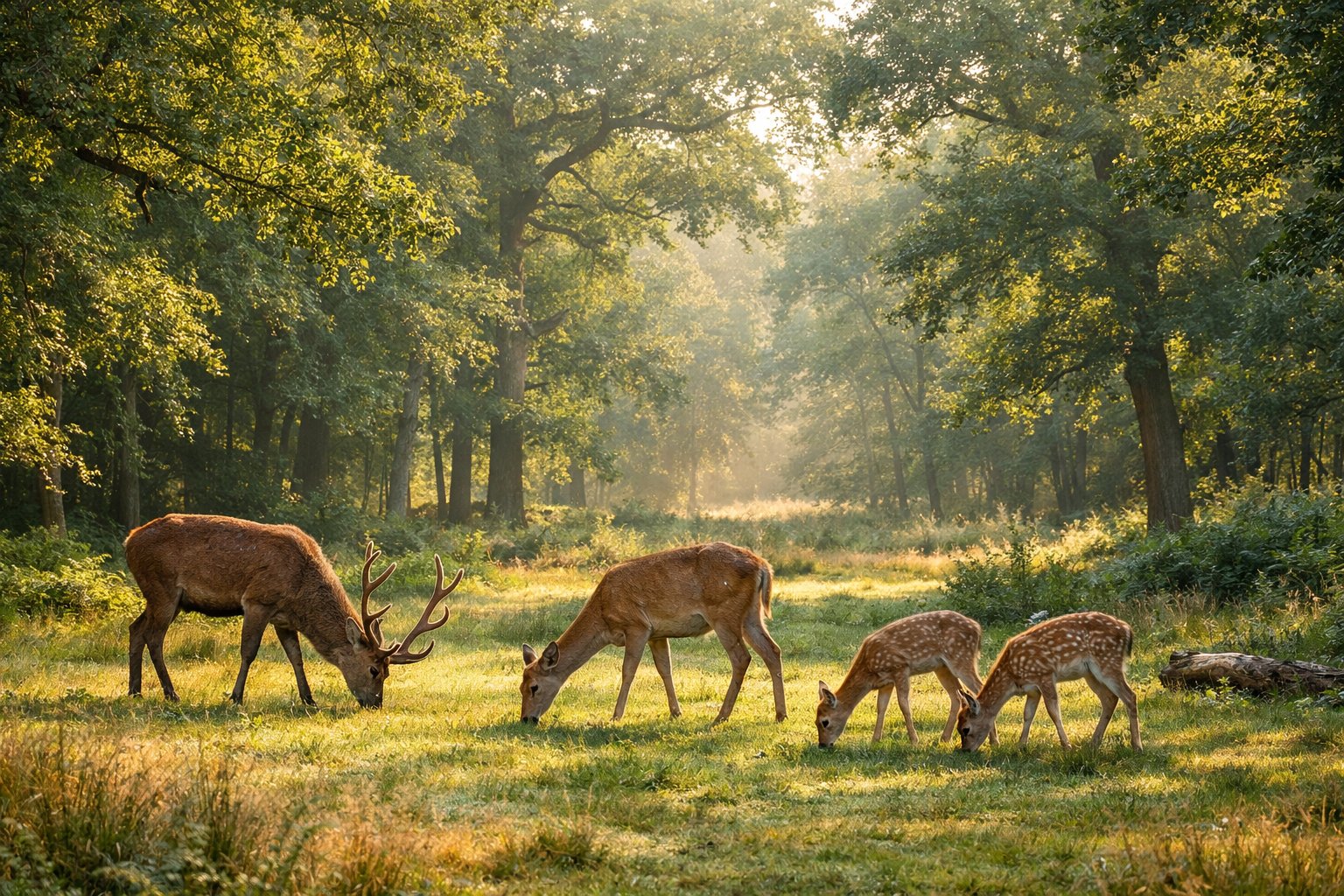 A group of deer grazing peacefully in a sunlit clearing within a dense green forest in the UK countryside.