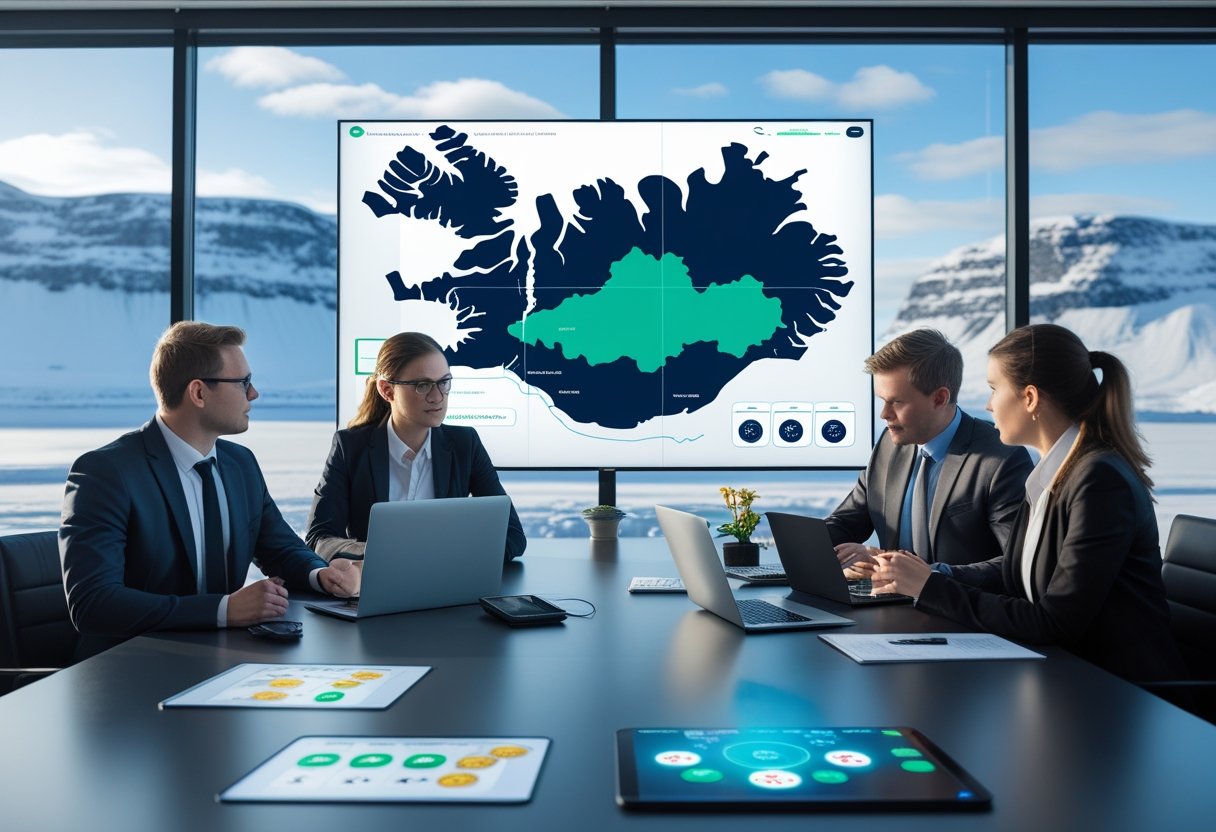 A group of professionals discussing online gambling regulations with a digital map of Greenland displayed on a screen in a modern office.