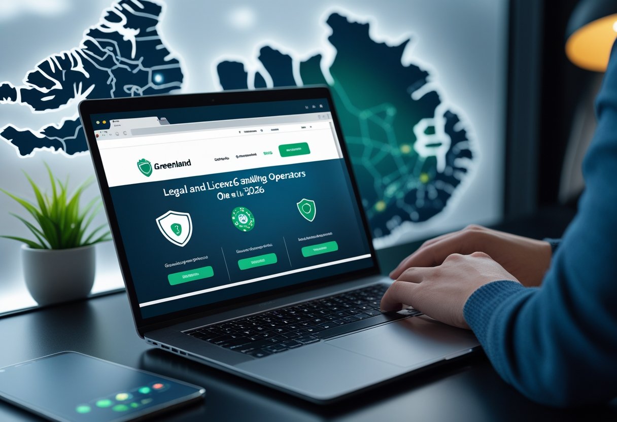 Hands using a laptop displaying a secure online gambling website with a map of Greenland in the background.