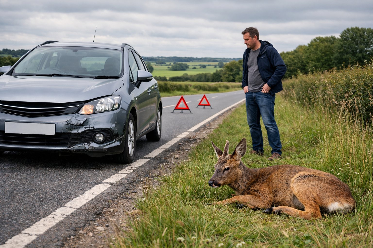 A driver stands beside a damaged car on the side of a rural UK road near an injured deer lying on the grass verge.