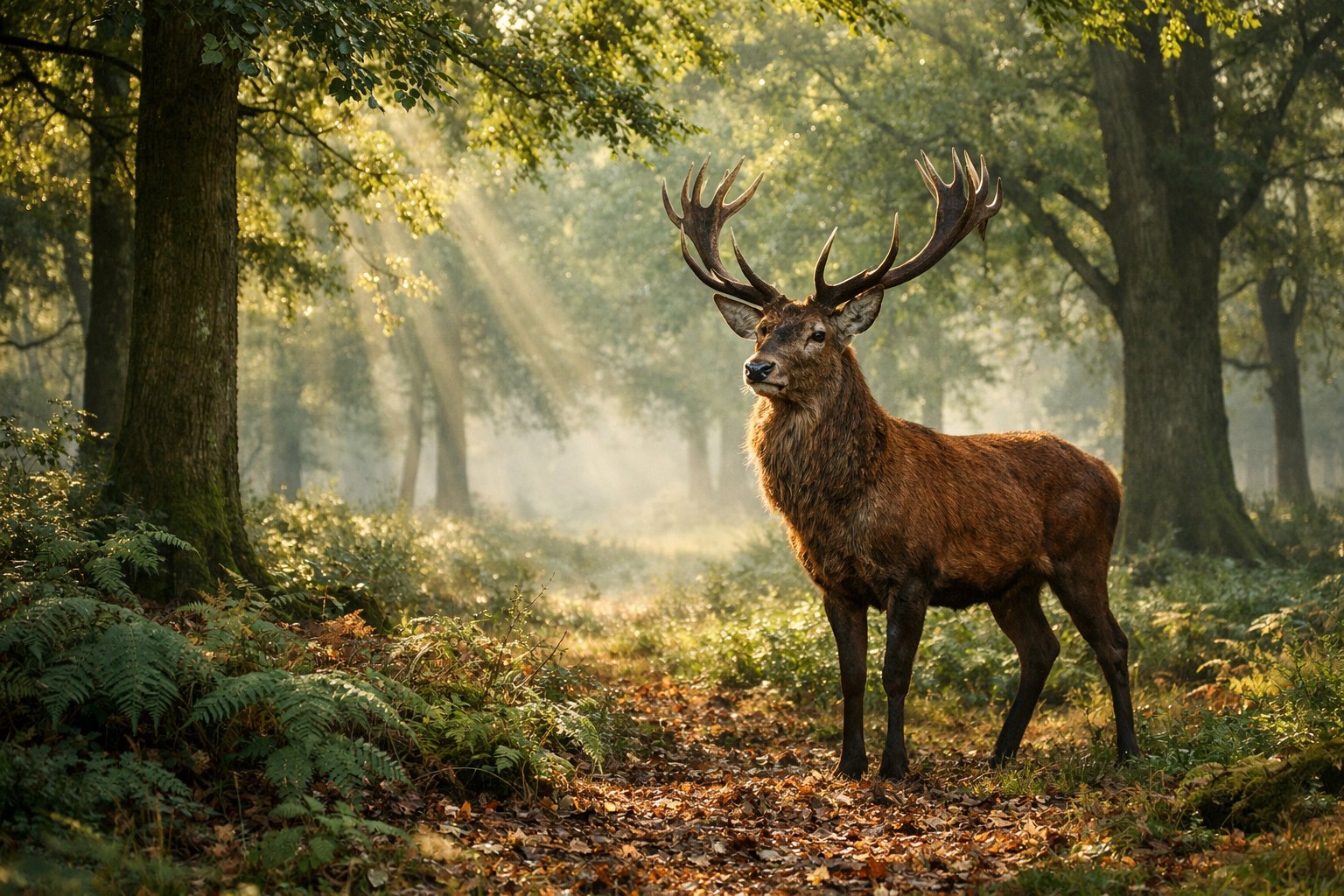 A red deer stag standing in a misty UK forest with sunlight filtering through the trees.
