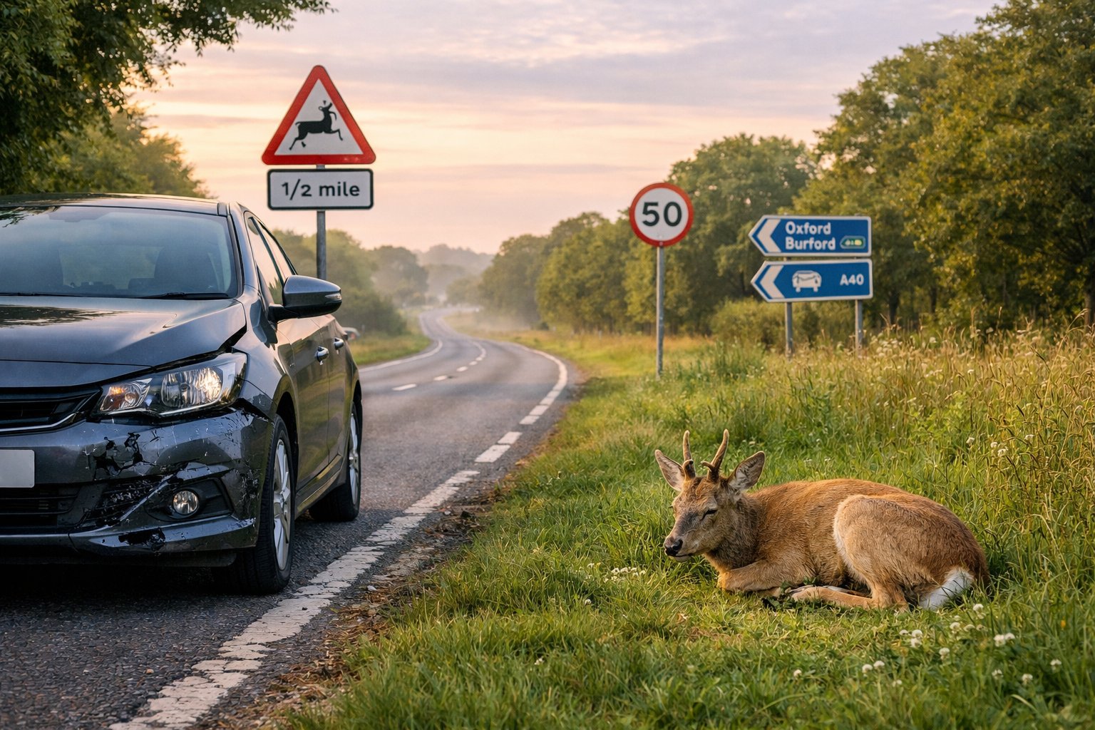 A car stopped on a UK countryside road with minor front damage and a deer lying nearby on the grass verge.