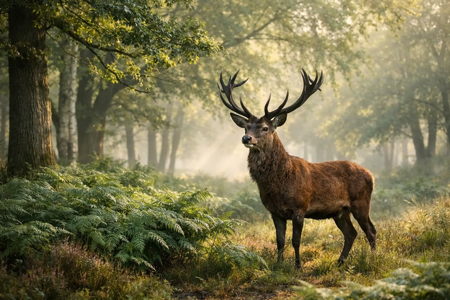 A red deer stag standing alert in a misty UK forest surrounded by green trees and ferns.