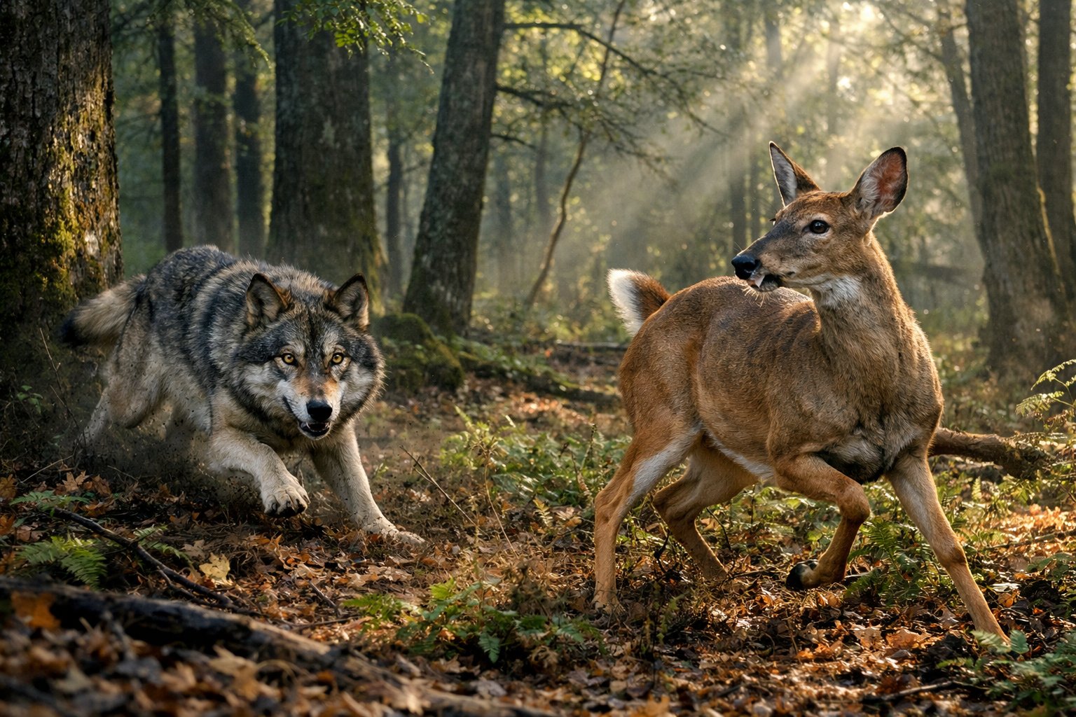 A gray wolf hunting a deer in a forest with sunlight filtering through the trees.