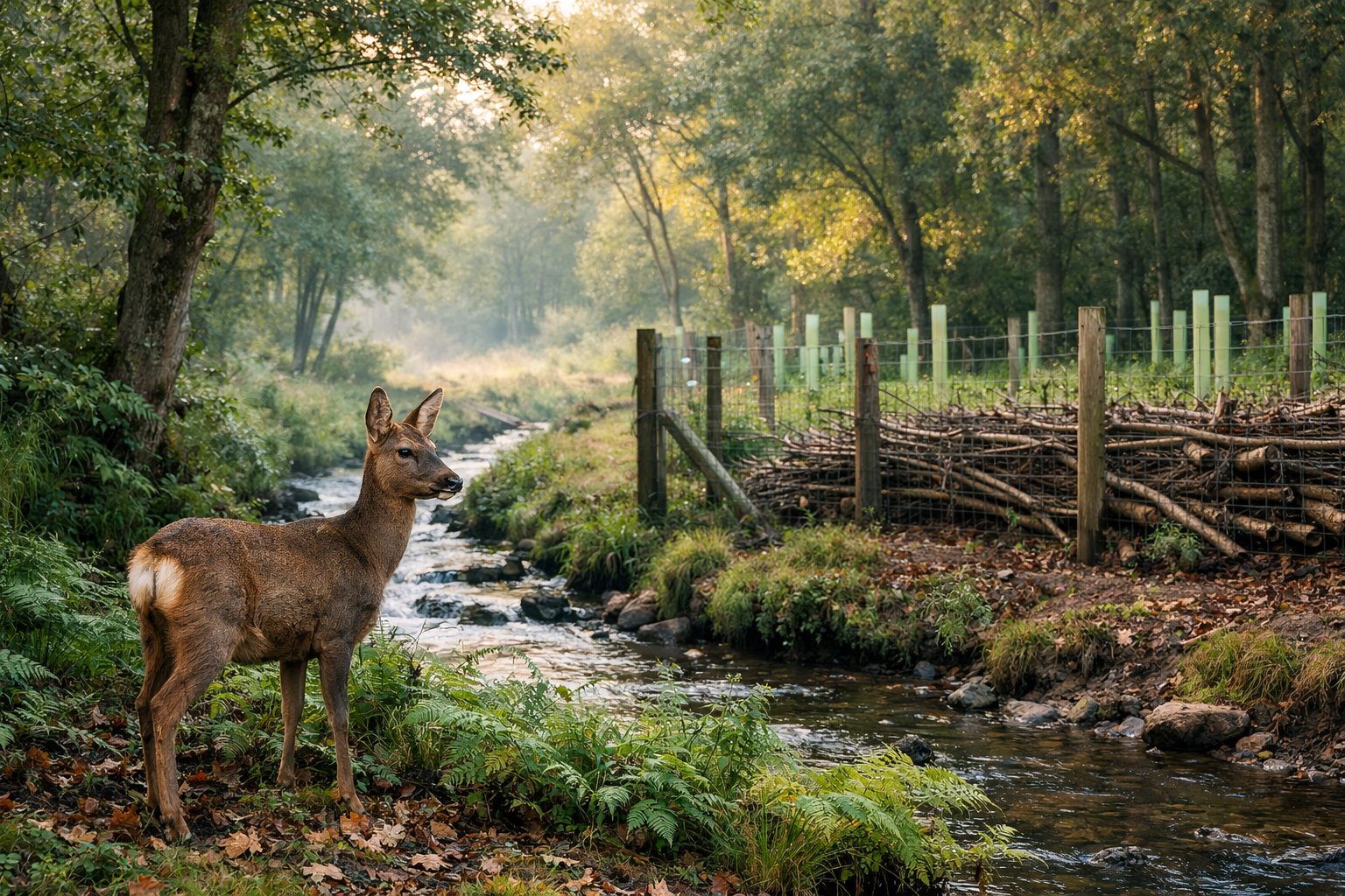 A deer standing alert in a green UK woodland with trees, shrubs, and a small stream, showing a natural habitat with signs of wildlife conservation.