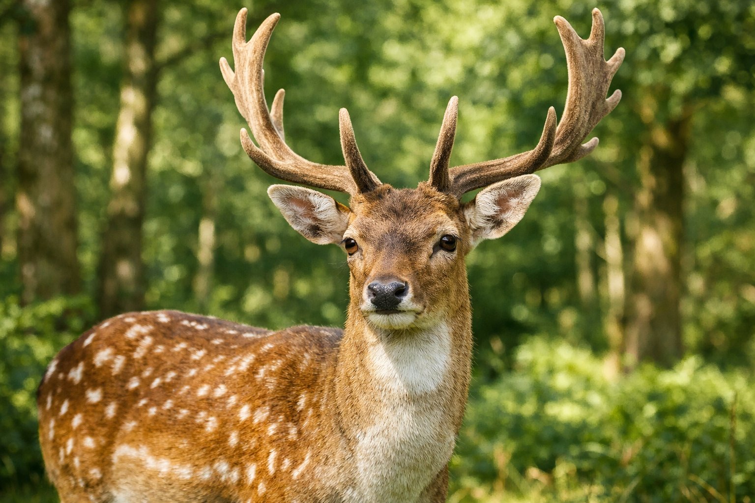 A wild deer standing in a green forest with trees and foliage in the background.