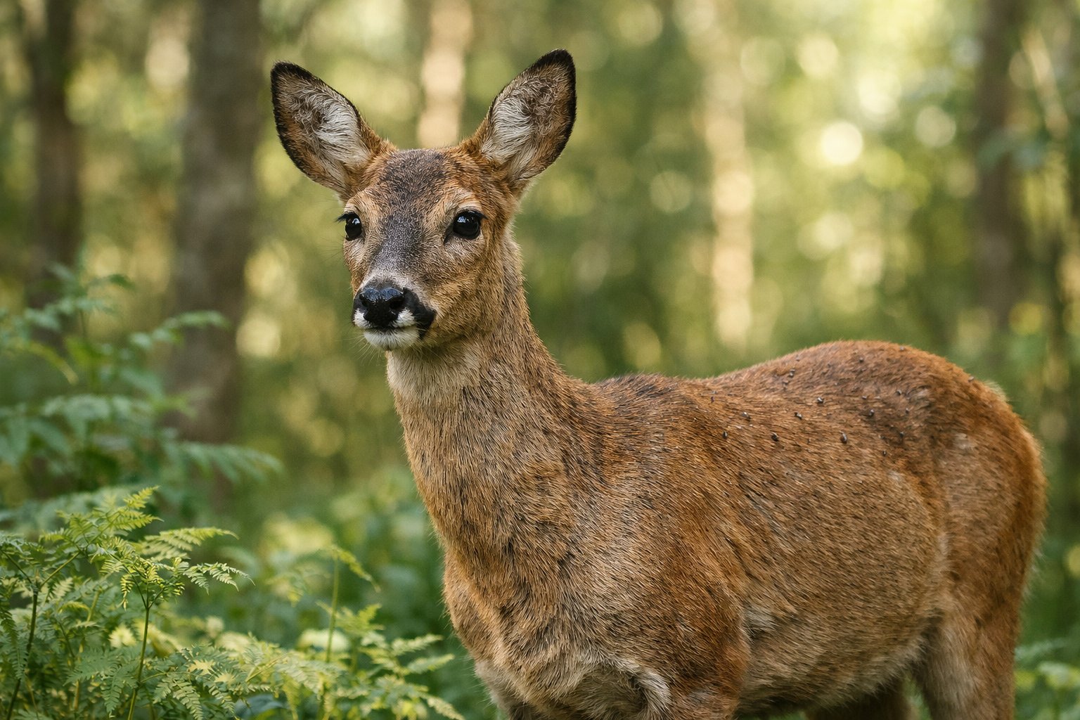 A wild deer standing in a green forest with small insects visible on its fur.