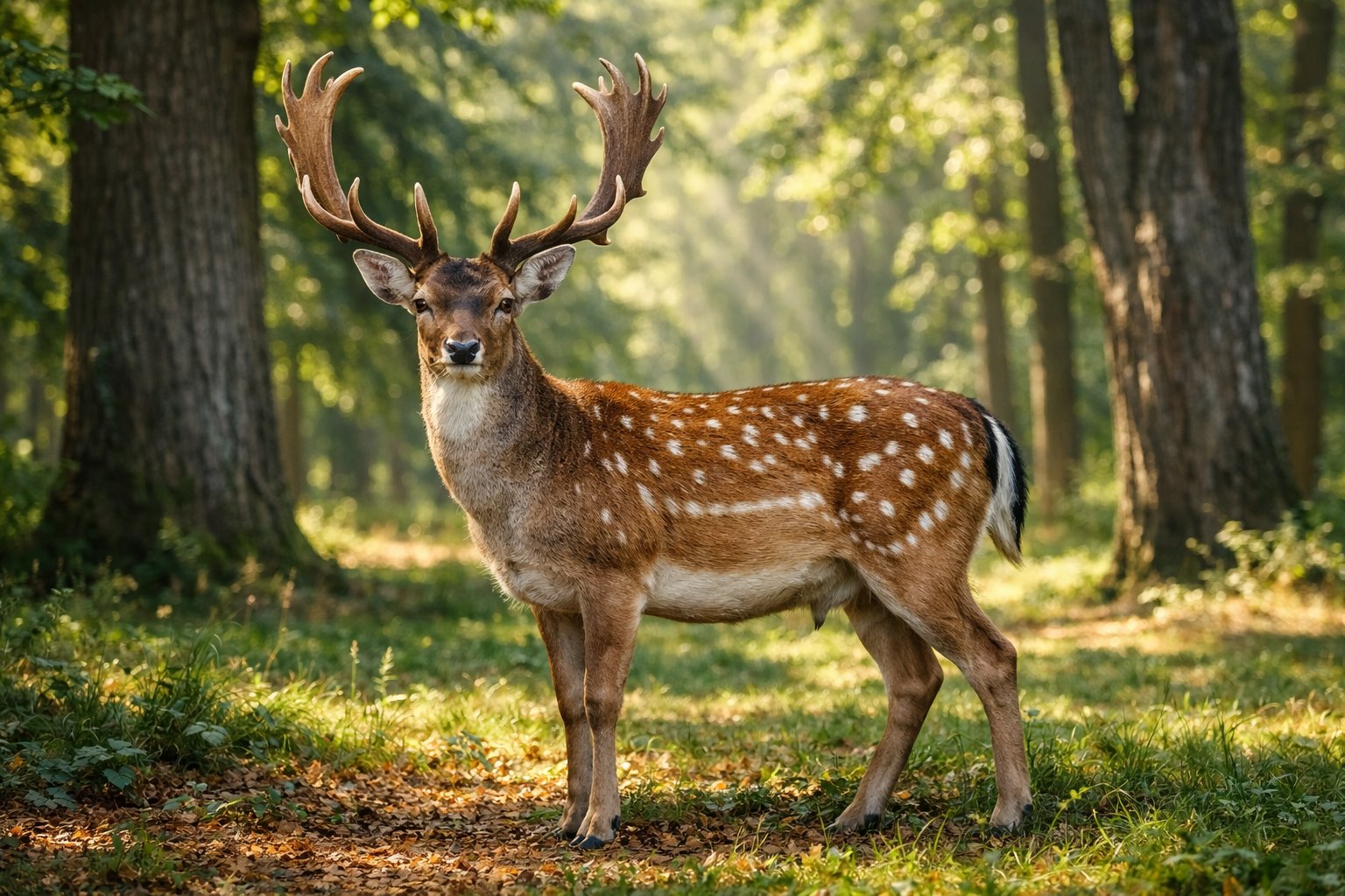 A deer standing in a sunlit forest clearing surrounded by green trees and foliage.