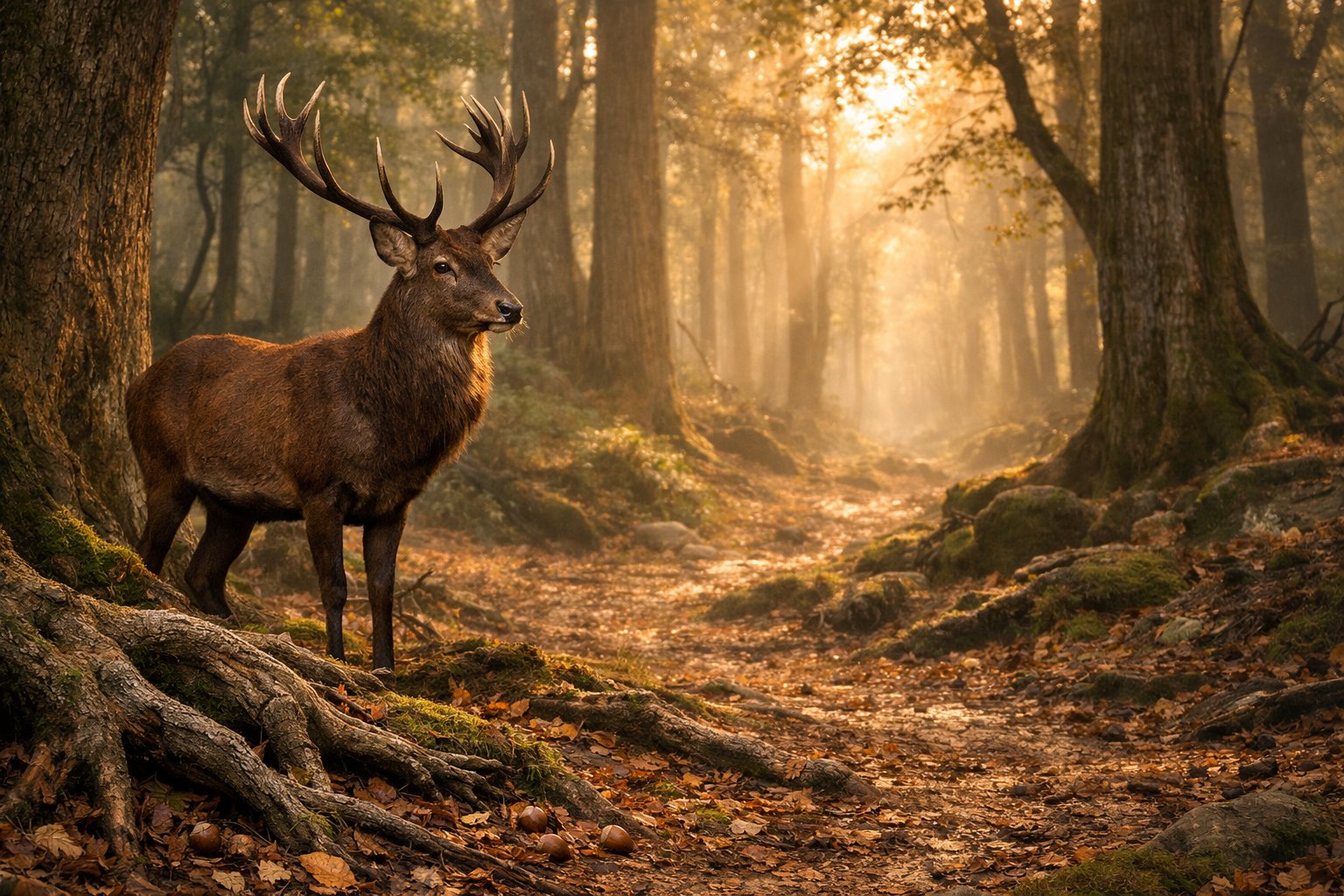 A deer standing gracefully in a quiet forest with sunlight filtering through the trees.