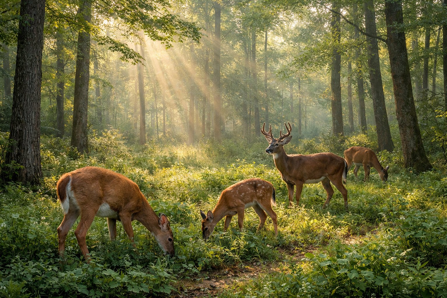 A group of white-tailed deer grazing peacefully in a sunlit forest.