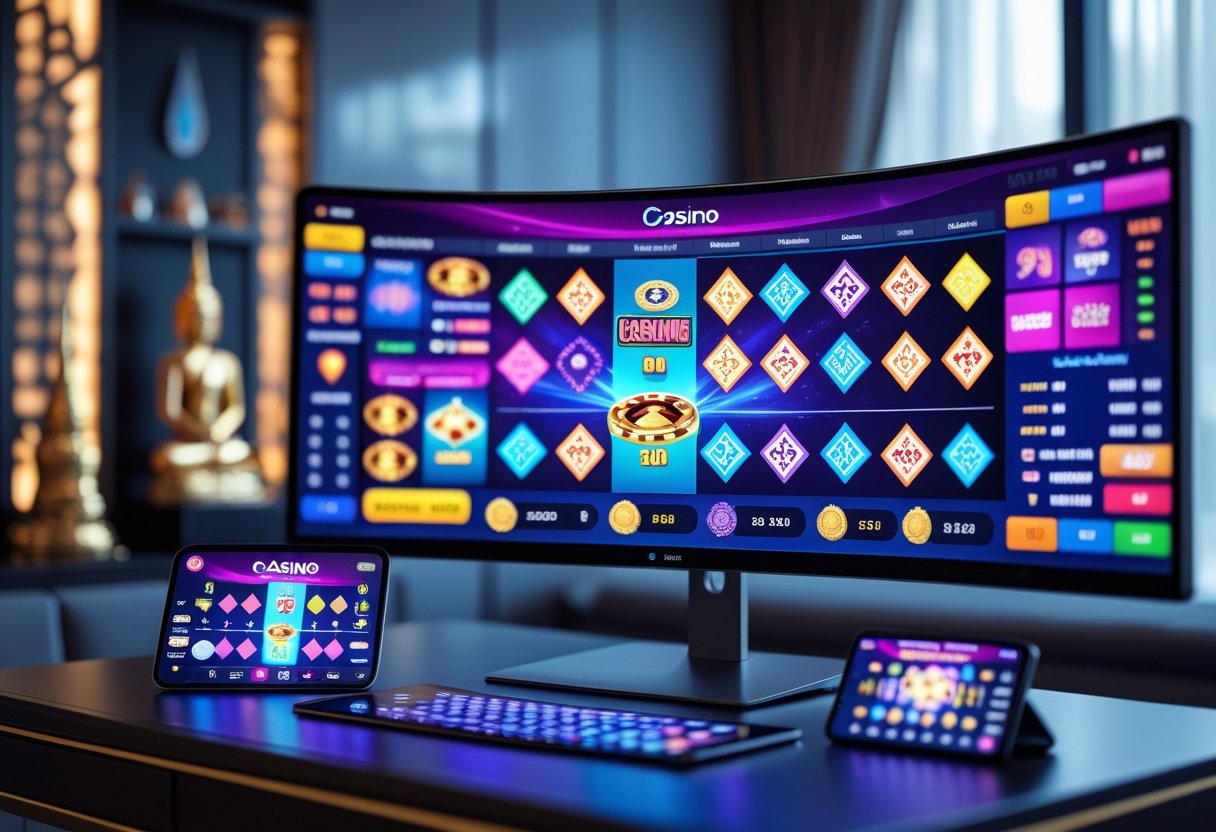 A modern home office setup with a large monitor and mobile devices displaying online casino games, with subtle Thai cultural decorations in the background.