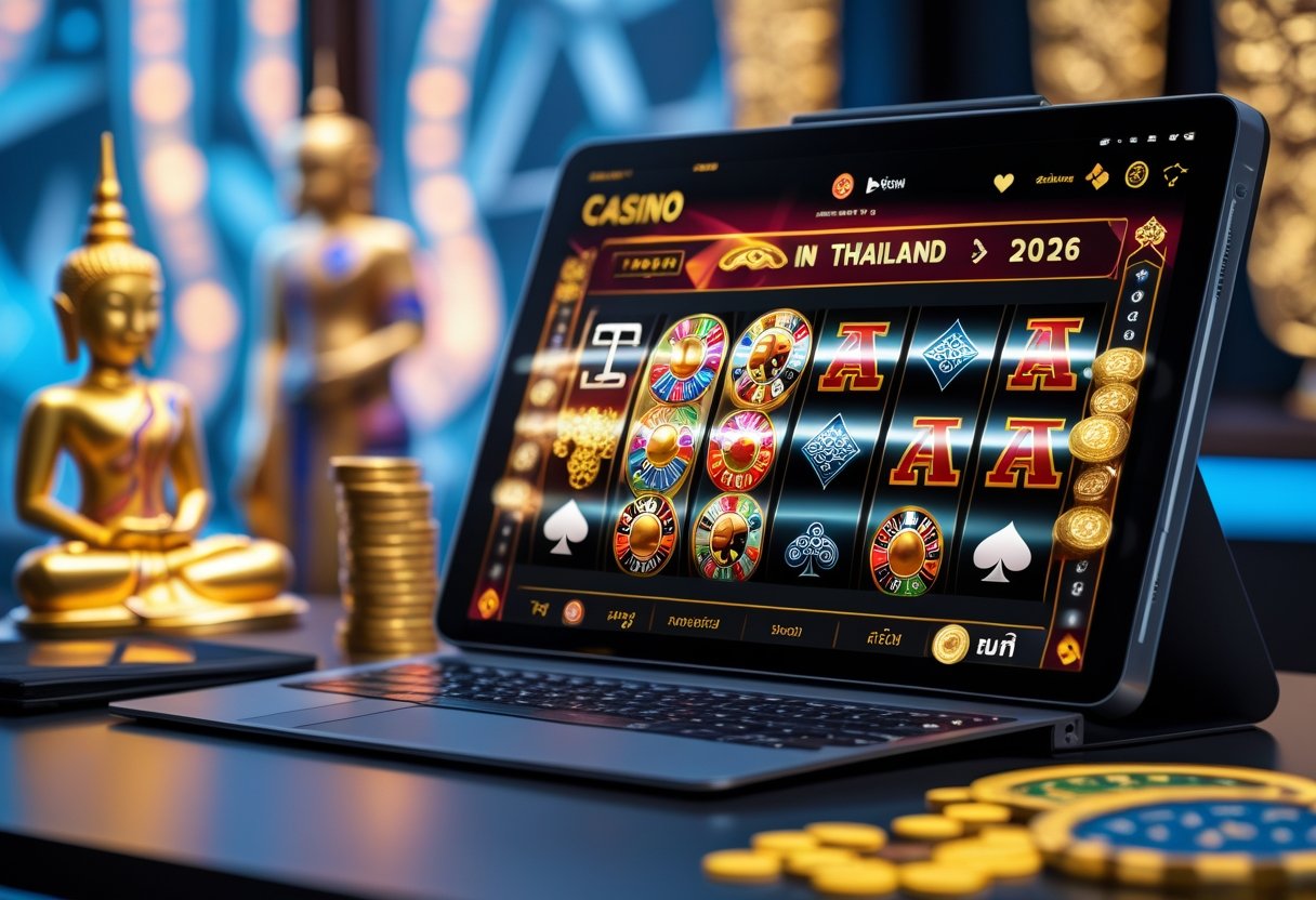 A digital workspace showing a computer screen with colorful casino game elements like slot reels, poker chips, and playing cards, with subtle Thai cultural decorations in the background.