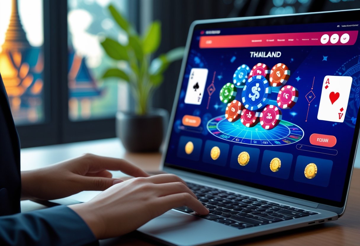 Hands interacting with a laptop showing an online casino interface with Thai cultural elements in the background.